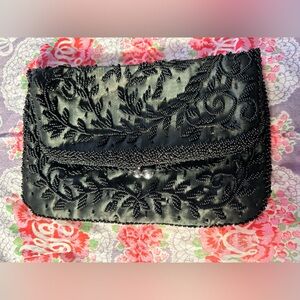 Vintage Black Beaded Clutch Purse seedbeaded kiss lock